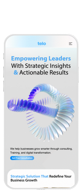 A dynamic, animated showcase of a website on a mobile phone screen.